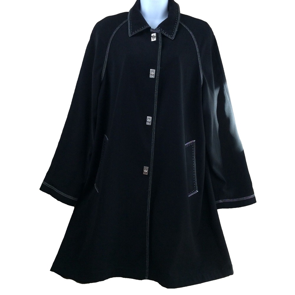 Platinum Utex Womens Black Contrast Stitch Swing Coat Polka Dot Lining Sz L Vtg
